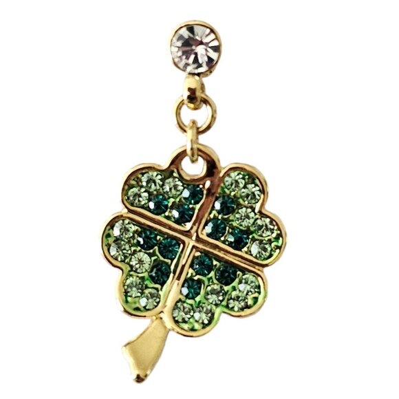Gold Tone Green Rhinestone Pave Four-Leaf Clover Dangle Lapel Tie Scarf Pin L267 - Picture 2 of 9